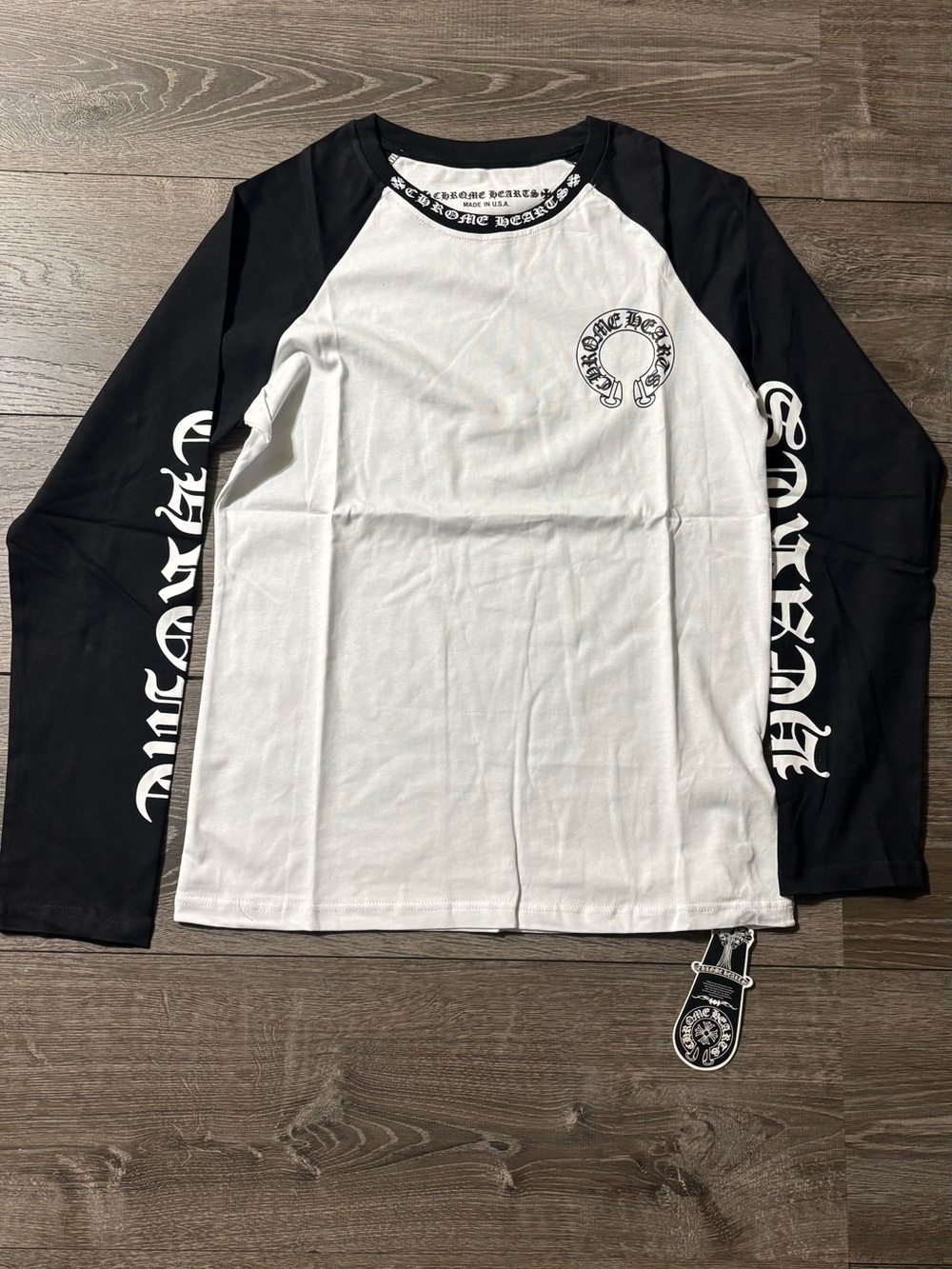 Chrome Hearts Black & White Long Sleeve Raglan Tee with Graphic Chest Logo